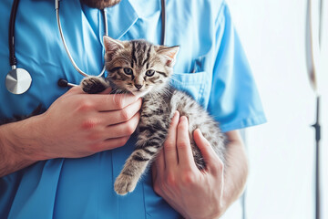 Veterinarian holding a tabby kitten in his hands. Animal care concept