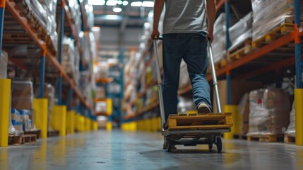 A man is seen pushing a dolly in a warehouse. This image can be used to depict logistics, transportation, or manual labor activities