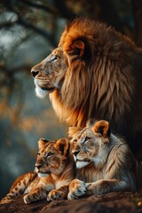Obraz premium lion family in the fall sun