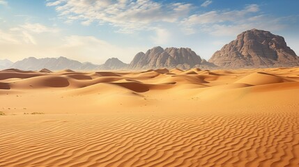Fototapeta na wymiar Golden desert landscape with undulating sand dunes and majestic Wadi Rum mountains. Sharp-focus, vivid colors, and rugged textures create a hyper-realistic panoramic view