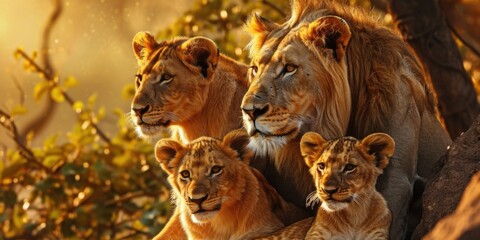 lion family in the fall sun - obrazy, fototapety, plakaty