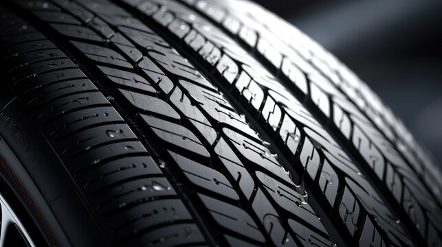 Close-up stock image of a hyper-realistic car tire. Sharp-focus reveals intricate details of tire tread pattern and sidewall branding. High contrast and glossy sheen enhance clarity