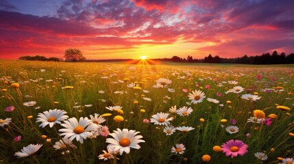 Colorful spring sunrise over a meadow with golden yellow, soft pink, and vibrant orange hues. The sun rises, casting a warm glow on the landscape of fresh green grass, wildflowers like daisies