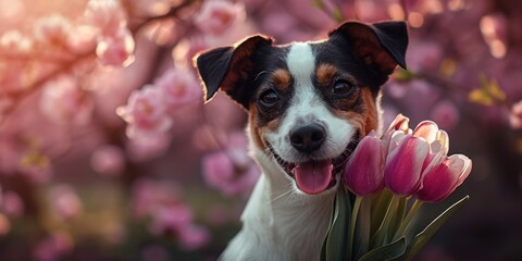 the dog is holding tulips and smiling in front of a tree