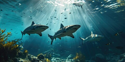 Many sharks are swimming underwater in ocean.