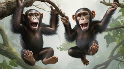 a pair of playful chimpanzees swinging from tree branches, their animated expressions capturing the joy of their high-flying antics against a pure white backdrop. - obrazy, fototapety, plakaty