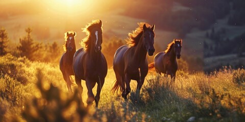 beautiful horses running through a grassy field at sunrise - obrazy, fototapety, plakaty