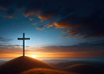 Tranquil Easter Morning with Cross on Hill and Sunrise Background