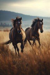 beautiful horses running through a grassy field at sunrise