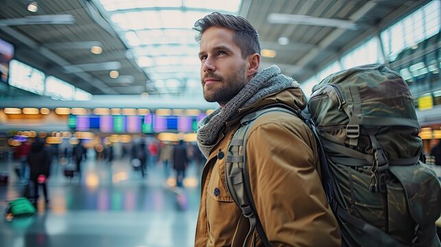 Caucasian amn with backpack on the station ready to travel alone.
