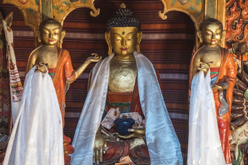 Fototapeta na wymiar Buddha with disciples, Thangkas, Buddhist Art, Tibetan Buddhism