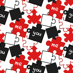 A pattern with colored puzzle elements with the words me you. Red, black, white colors. valentine's day. Collect, search, build. Matching puzzles are scattered randomly