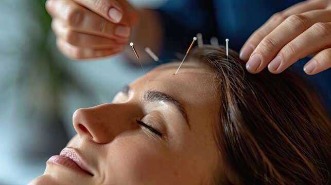 A person in an acupuncture session, with needles in the face.