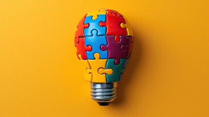 Light bulb made of colorful puzzle pieces, yellow background  - obrazy, fototapety, plakaty