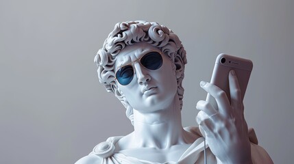 Greek style male sculpture, he is fashionable with sunglasses, and a phone in his hand