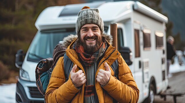 Happy man takes a selfie in the woods, with a van behind him, vanlife concept.	