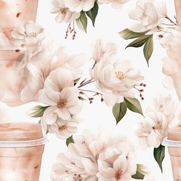  seamless pattern waterpaint, flowers and a cup of coffee 