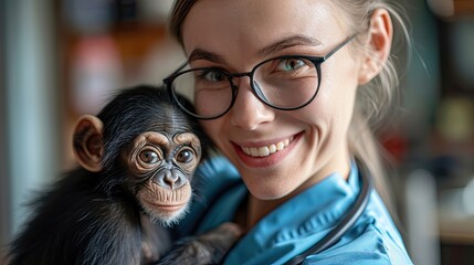 Veterinary woman hugs a baby chimpanzee - obrazy, fototapety, plakaty