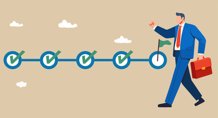 Project tracking, goal tracker, task completion or checklist to remind project progress concept, businessman project manager holding big pencil to check completed tasks in project management timeline