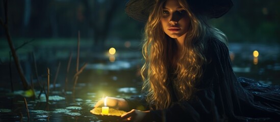 Enchanted girl holds magical light. Night scene, witch practicing witchcraft in river. Fairy tale.