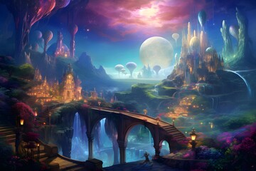 Digital painting of a fantasy fantasy landscape with a bridge and a river