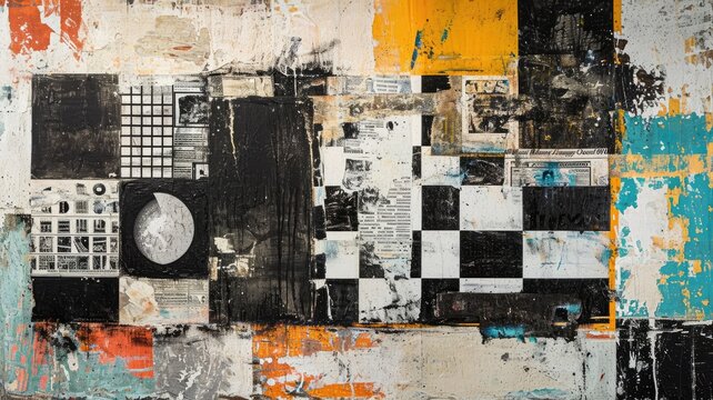 Generative AI, vintage grunge black and white collage background. Different textures and shapes	

