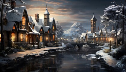 Winter landscape with a frozen river and old european houses.