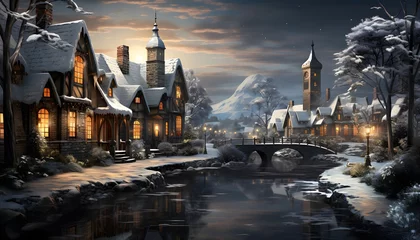 Rollo Paris Winter landscape with a frozen river and old european houses.