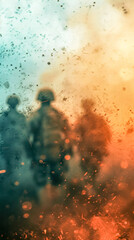 war soldiers, intense and emotive scene with blurred silhouettes of people amidst what appears to be a chaotic atmosphere, enhanced by a fiery color palette that could suggest urgency or conflict