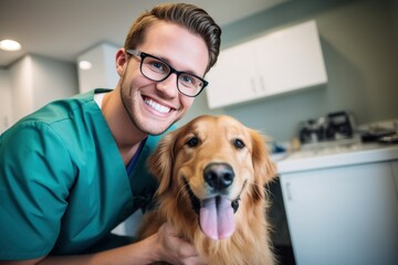 Portrait of smiling veterinarian with golden retriever in vet's office