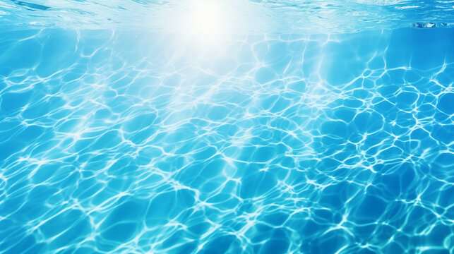 Blue water surface with bright sun light reflections, water in swimming pool background top view, Ai generated image