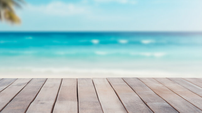 table on the beach, empty wooden table, Blurred sea background with wood resort deck floor foreground, Ai generated image