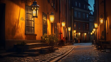 Narrow street in old town of Gdansk at night, Poland