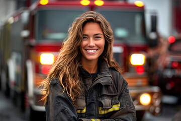 Portrait of a firefighter woman in front the firetruck at the station. - obrazy, fototapety, plakaty