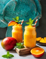 fruit smoothies, fresh tropical smoothie mango and orange; healthy lifestyle