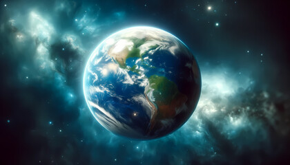 Globe Terrestre flottent dans l'espace bleu idéal pour articles sur le climat, la terre, l’environnement, la technologie, l'écologie, l'espace, l'univers - obrazy, fototapety, plakaty