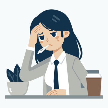 Tired sick office  worker at work. Exhausted overworked female employee at office desk. Colored flat vector illustration of fatigue manager with headache and  fever