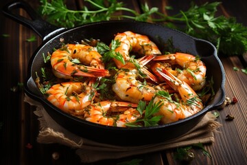 Roasted peeled shrimps in pan on wooden background