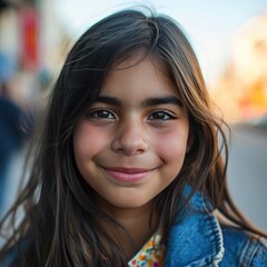 Obraz premium A close-up portrait of young hispanic woman with dark hair smiling gently with a vibrant street mural backdrop, blurry city background, model photoshoot