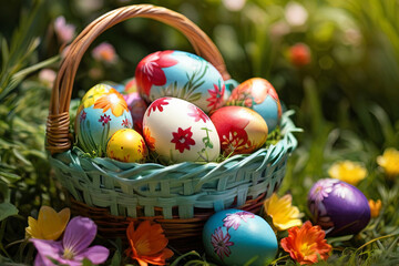Fototapeta na wymiar Easter eggs in a beautiful basket. Multicolor flower-designed eggs on green grass background. Sunny spring delight captured.