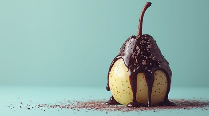 Food photography, poached pear with chocolate sauce dripping, pastel turquoise background. Modern...