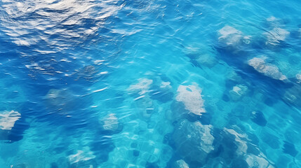 underwater view of a swimming pool, Top view Blue ripped sea water as swimming pool. Crystal clear ocean lagoon bay turquoise blue azure water surface, closeup natural environment. Ai
