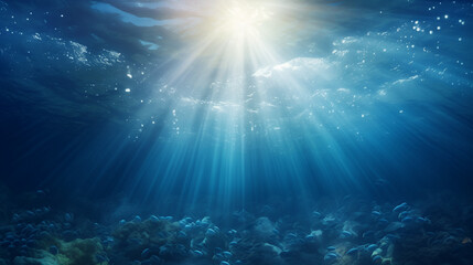 underwater scene with rays, Blue ripped sea water as swimming pool. Crystal clear ocean lagoon bay...