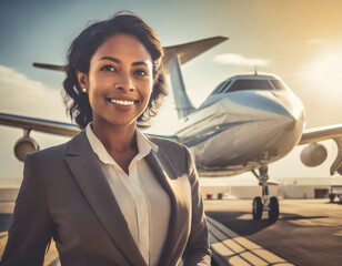 Woman in a business suit in front of a private jet