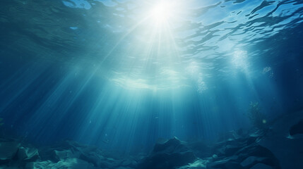 Fototapeta na wymiar underwater scene with rays of light and sun, Underwater Sea - Deep Water Abyss With Blue Sun light, Ai generated image