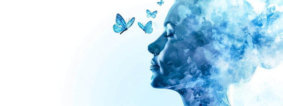 profile of a person in a tranquil state, overlaid with a tranquil blue watercolor effect and adorned with delicate butterflies, evoking a sense of peace and transformation