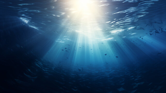 underwater scene with rays of light, Underwater Sea - Deep Water Abyss With Blue Sun light, Ai generated image