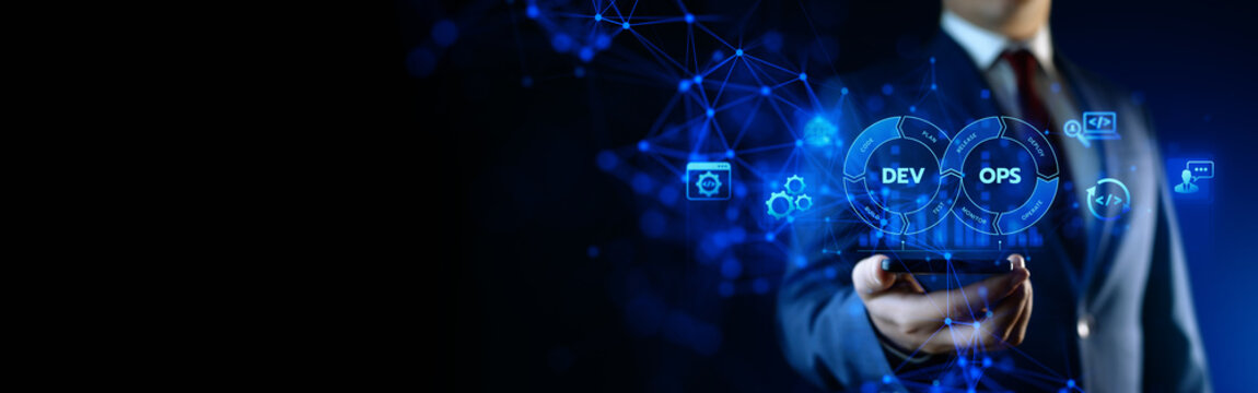 DevOps Dev Ops software development. Business Technology Automation Process Concept