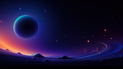 Futuristic fantasy landscape, sci-fi landscape with planet, neon light, cold planet