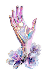 Fototapeta premium 3D render of a holographic hand with orchid flowers. Glowing metallic hand and flowers. artificial hand with flowers. Isolated. Scientific minimalist wallpaper, ecological energy source concept